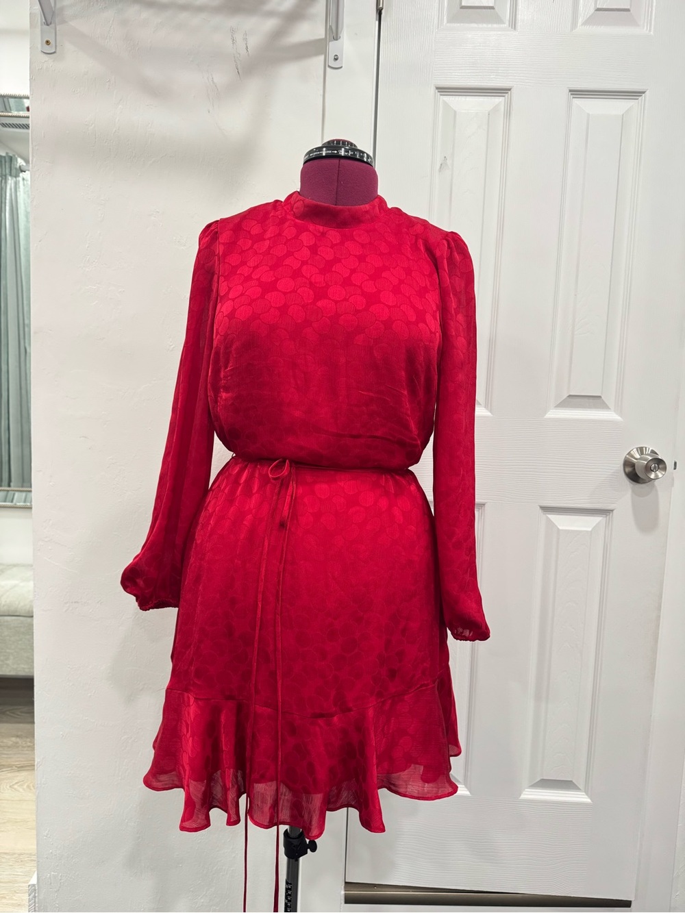 Maison Tara Red Long-Sleeve Ruffle Hem Dress